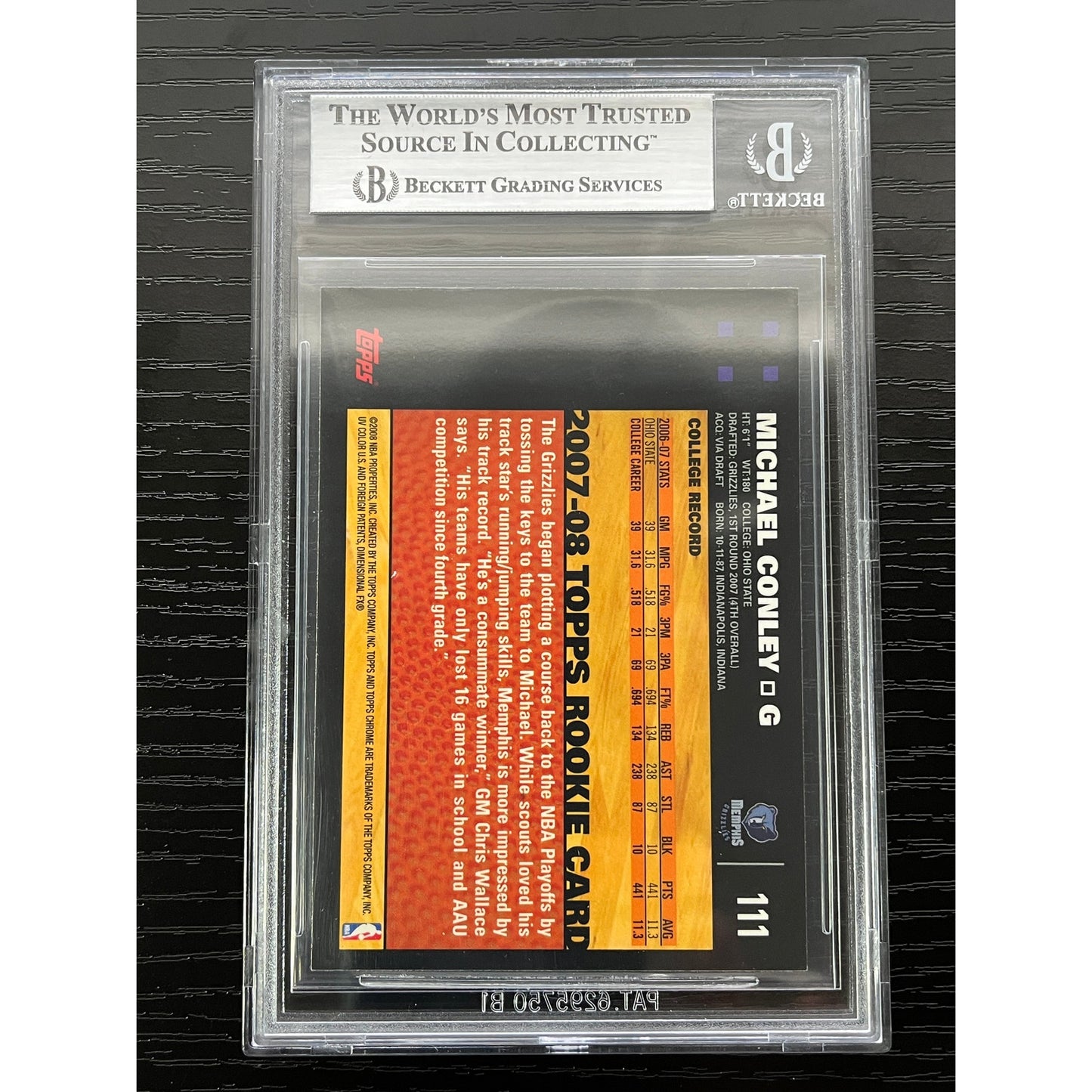 Mike Conley Signed 2007-08 Topps Chrome #111 Card RC Auto BAS