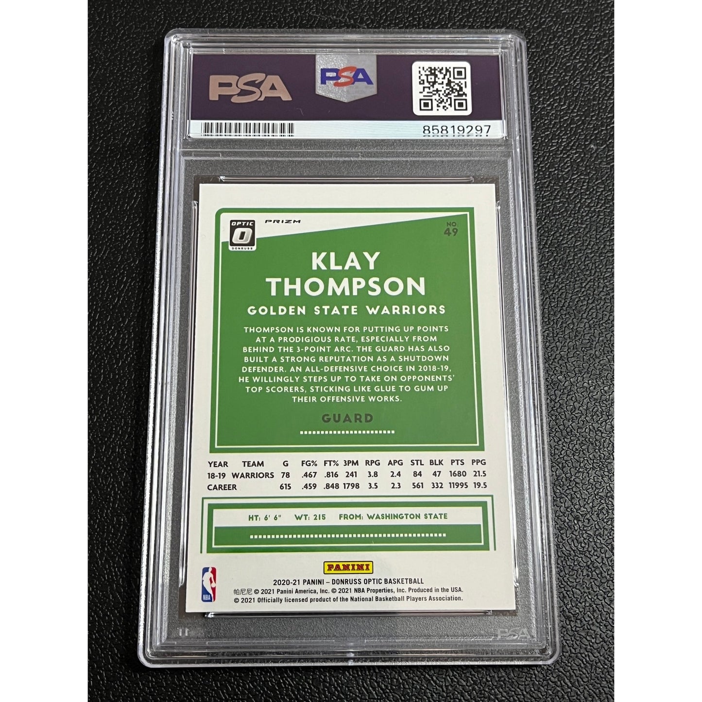 2020-21 Donruss Optic #49 Klay Thompson Signed Pulsar Warriors Card PSA/DNA