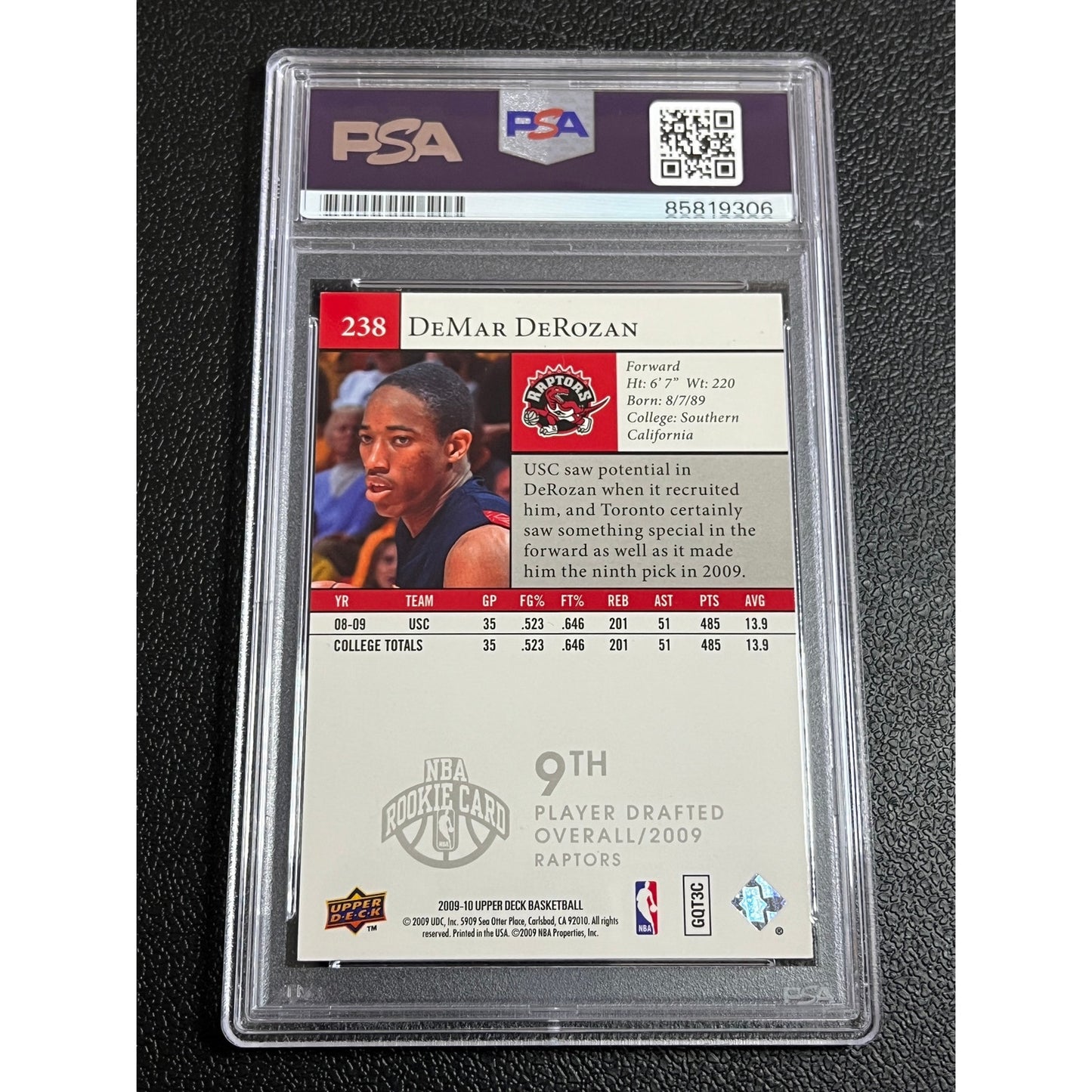 2009-10 Upper Deck Basketball #238 DeMar DeRozan Signed RC Auto USC Card PSA/DNA