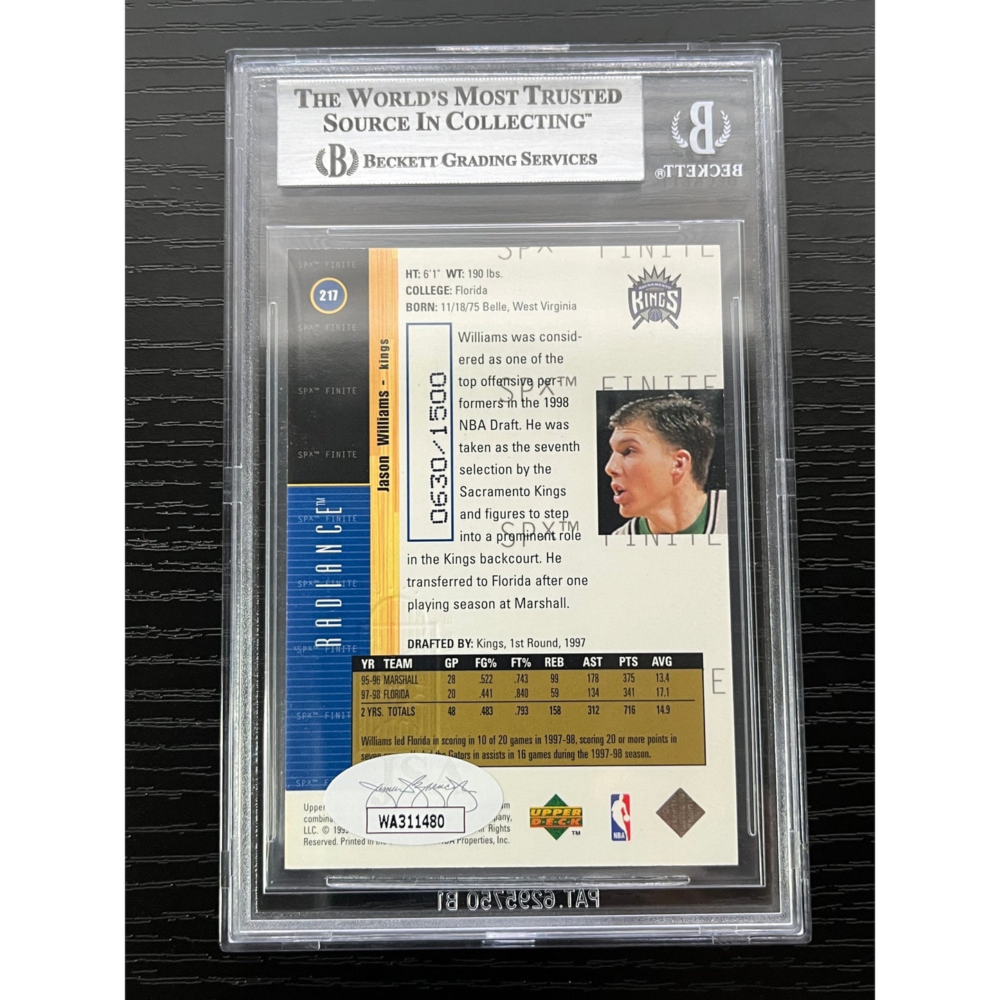 Jason Williams Signed 1998 SPx Finite Radiance #217 Card RC Auto /1500 BAS