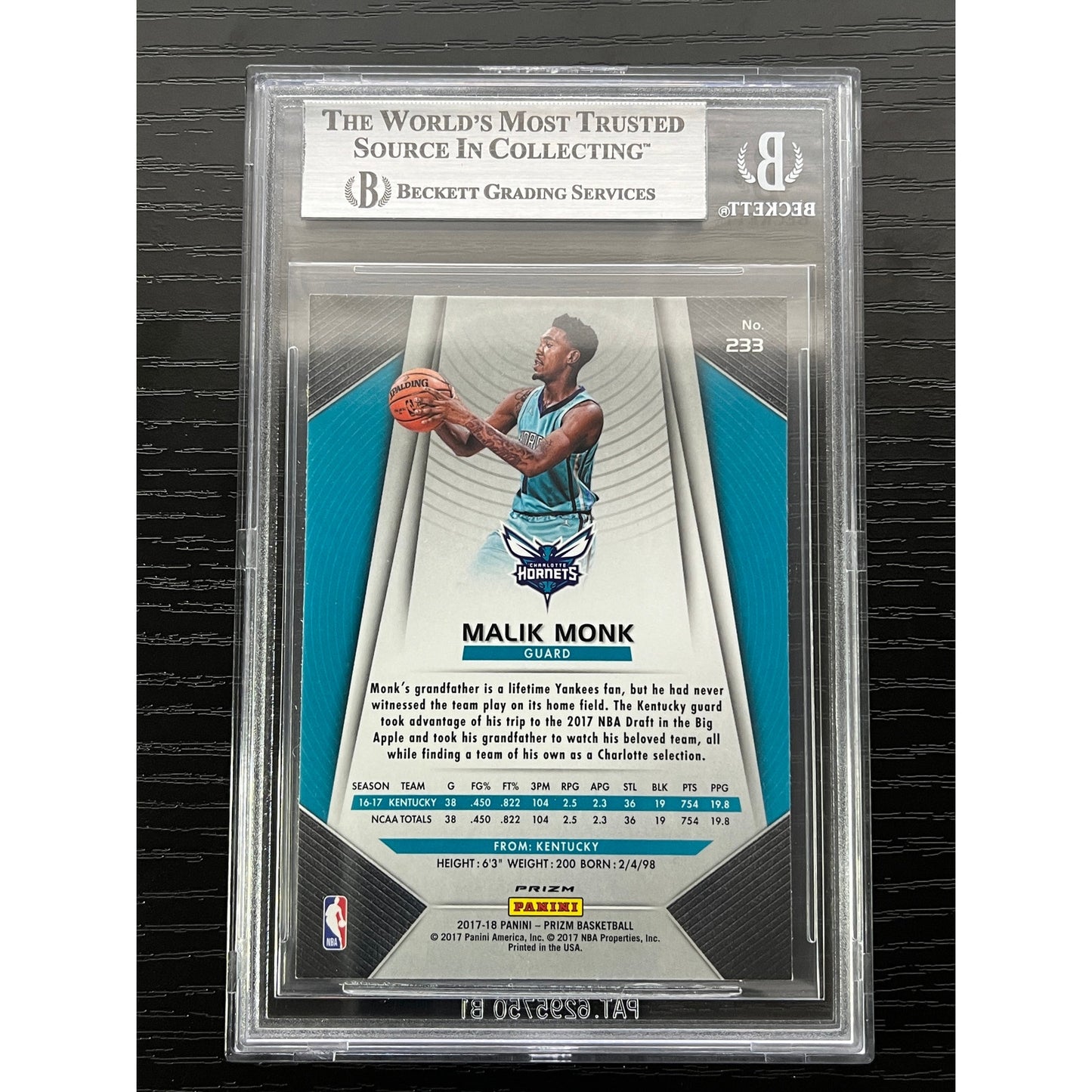 Malik Monk Signed 2017-18 Panini Prizm Fast Break #233 Card RC Auto BAS