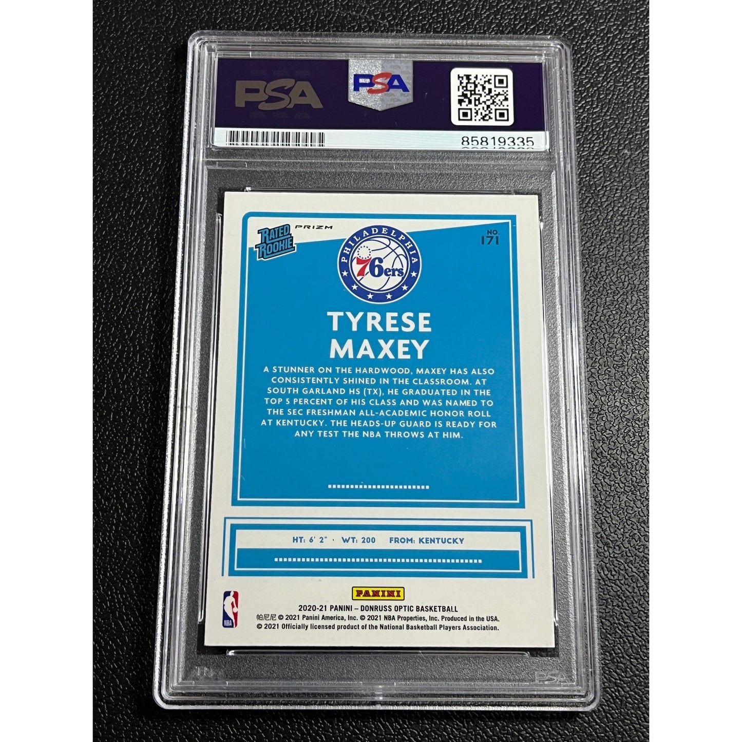 2020-21 Donruss Optic Tyrese Maxey #171 Signed Pulsar RC Auto 76ers Card PSA/DNA