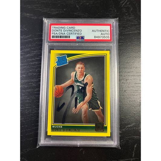2018-19 Donruss Donte DiVincenzo Signed Yellow Rated Rookie Bucks RC Auto PSA/DNA