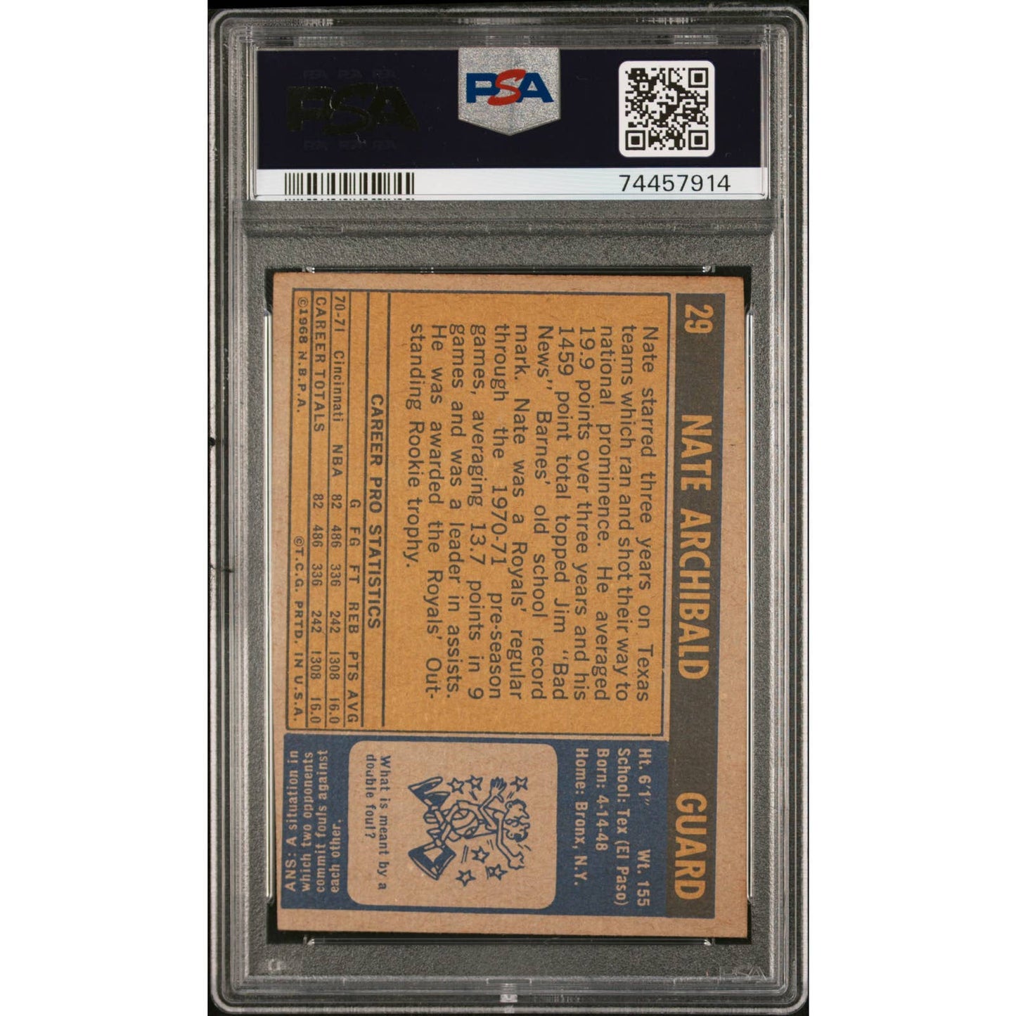 1971 Topps #29 Nate Tiny Archibald Rookie RC w Inscriptions PSA 10 AUTO