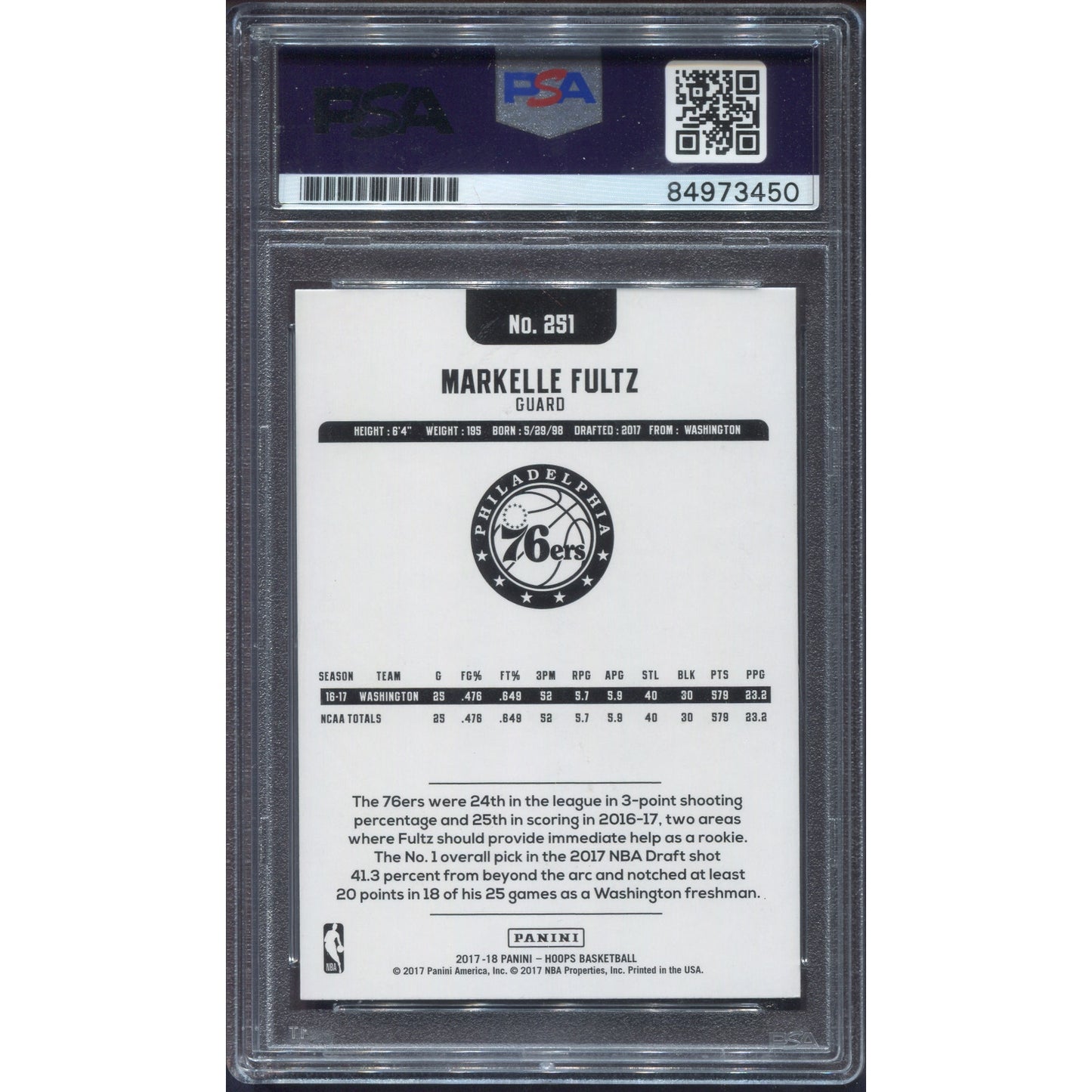2017 Panini NBA Hoops Markelle Fultz Signed Rookie RC Auto PSA/DNA