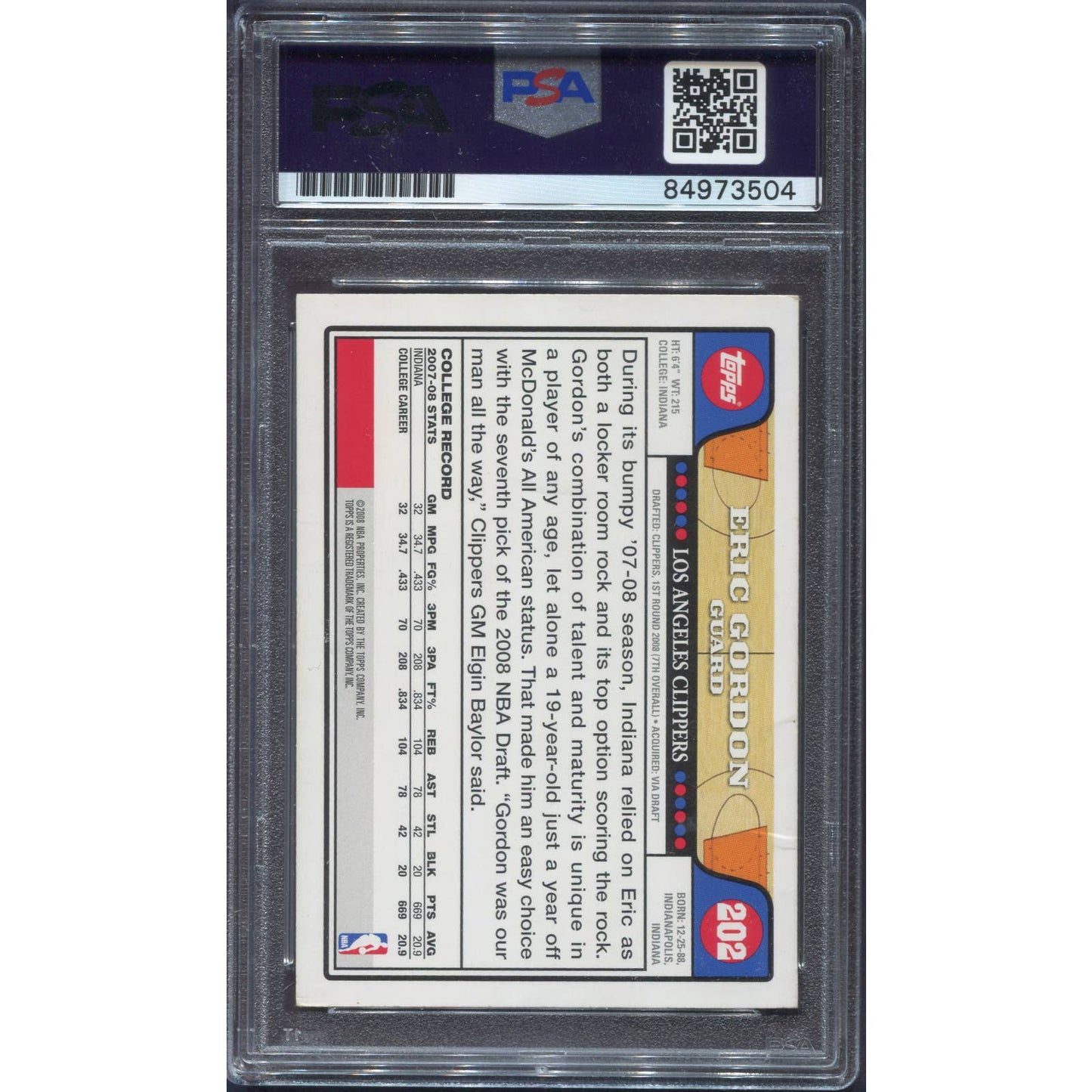 2008-09 Topps Eric Gordon Signed Rookie Card Clippers RC Auto PSA/DNA