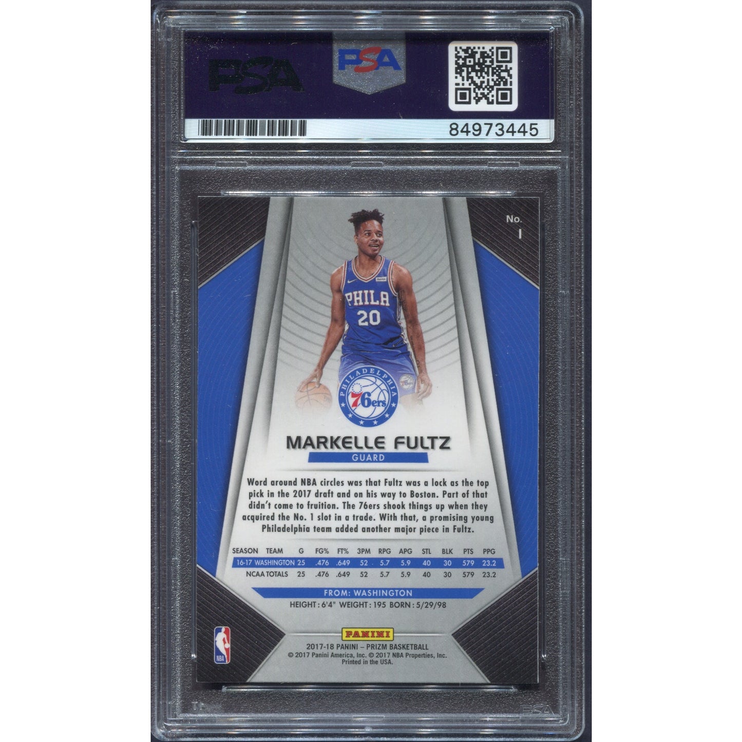 2017 Panini Prizm Markelle Fultz Signed Rookie RC Auto PSA/DNA