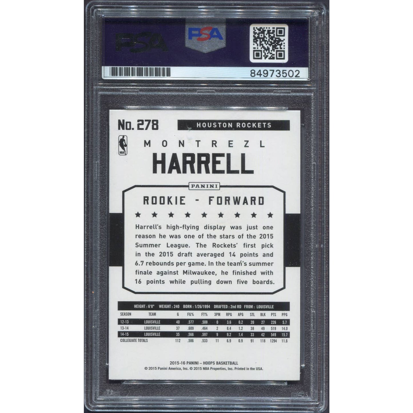 2015-16 Panini NBA Hoops Montrezl Harrell Signed Rookie Rockets RC Auto PSA/DNA