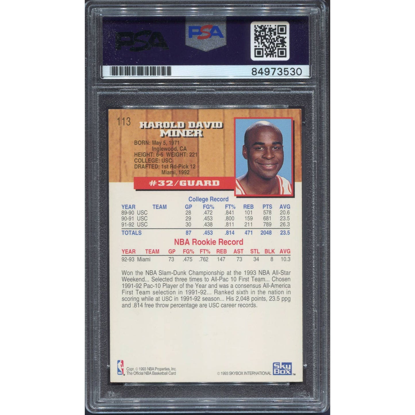 1993-94 NBA Hoops Harold Miner Signed Card Miami Heat Autograph PSA/DNA