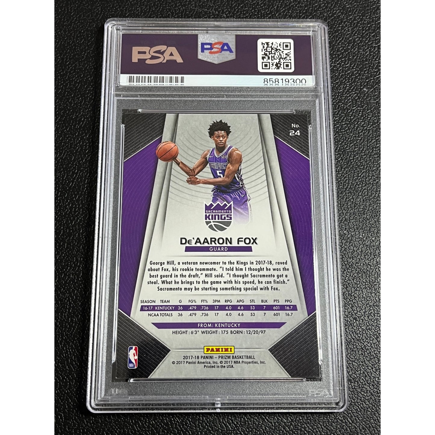 2017-18 Panini Prizm #24 De'Aaron Fox Signed RC Auto Card PSA/DNA