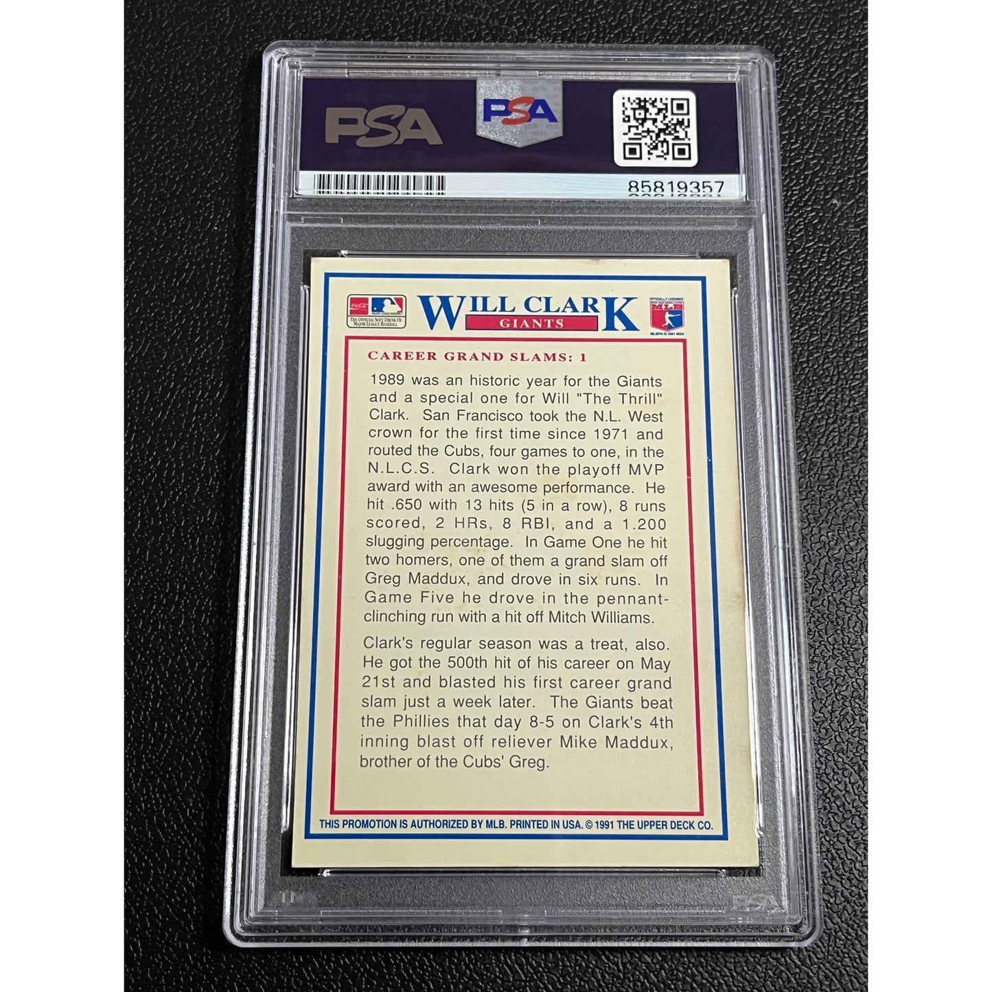 1991 Upper Deck Denny's Grand Slam Holograms #3 Will Clark Signed Card PSA/DNA