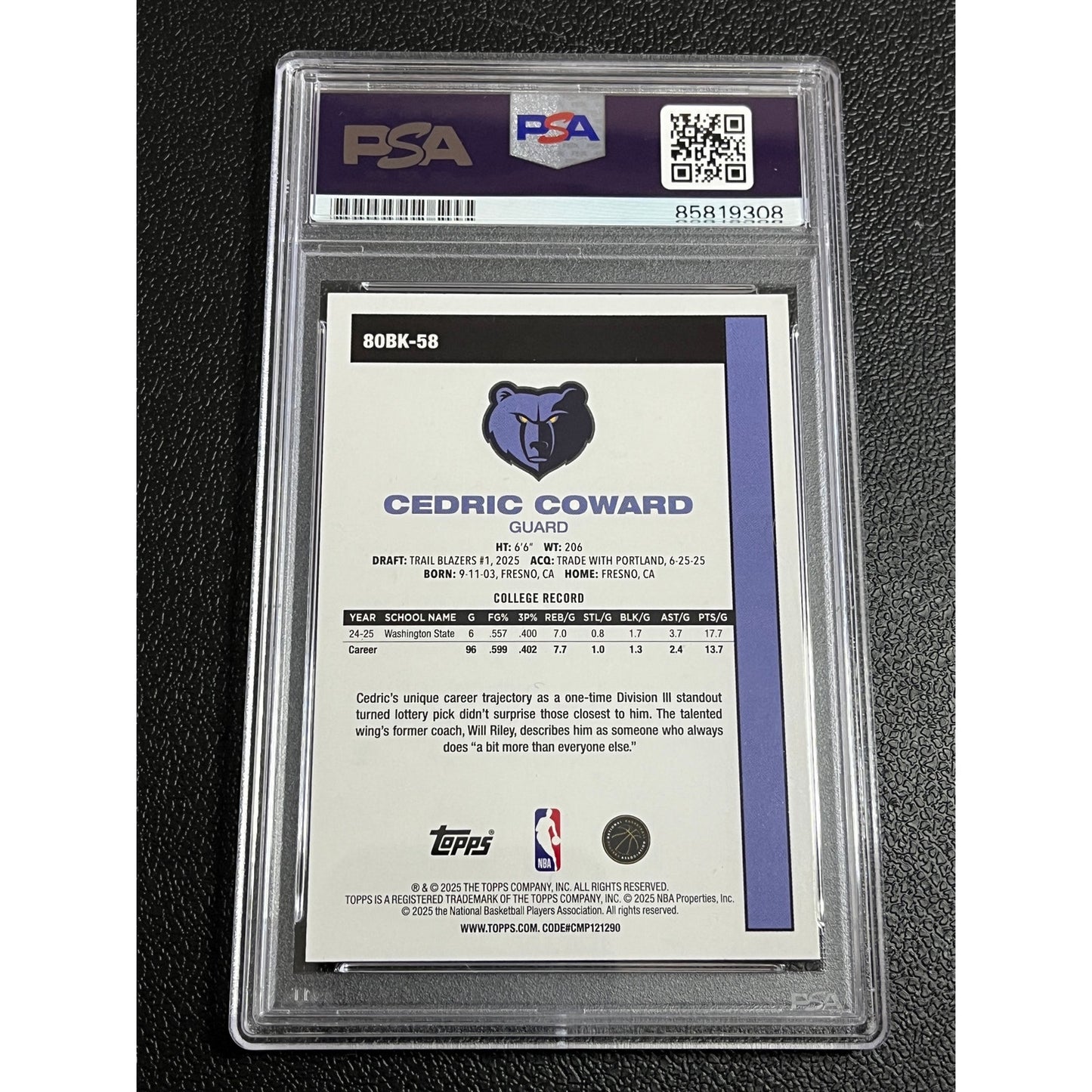 2025-26 Topps 45th Anniversary Cedric Coward Signed RC Auto Card 80BK-58 PSA/DNA