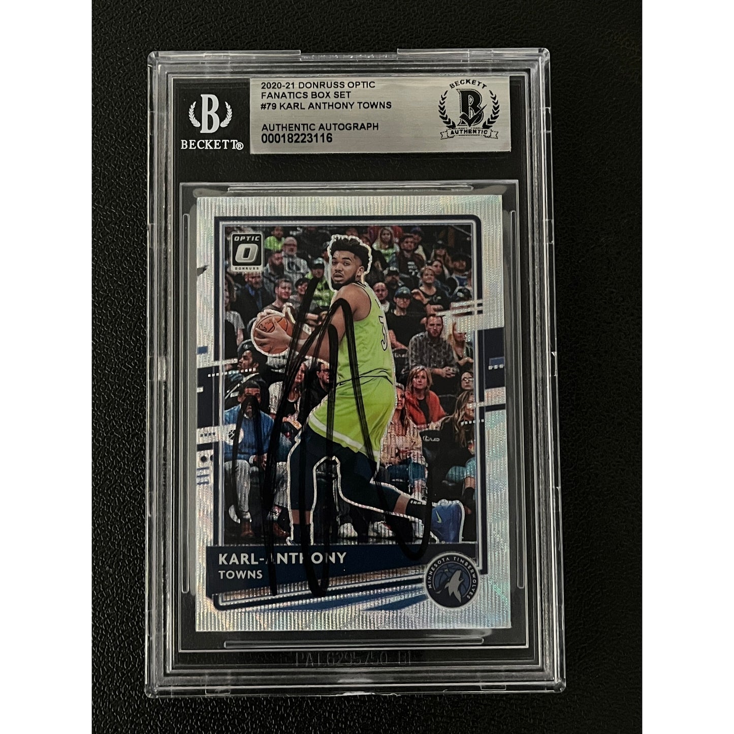 Karl Anthony Towns Signed 2020 Donruss Optic #79 Silver Wave Auto Beckett BAS