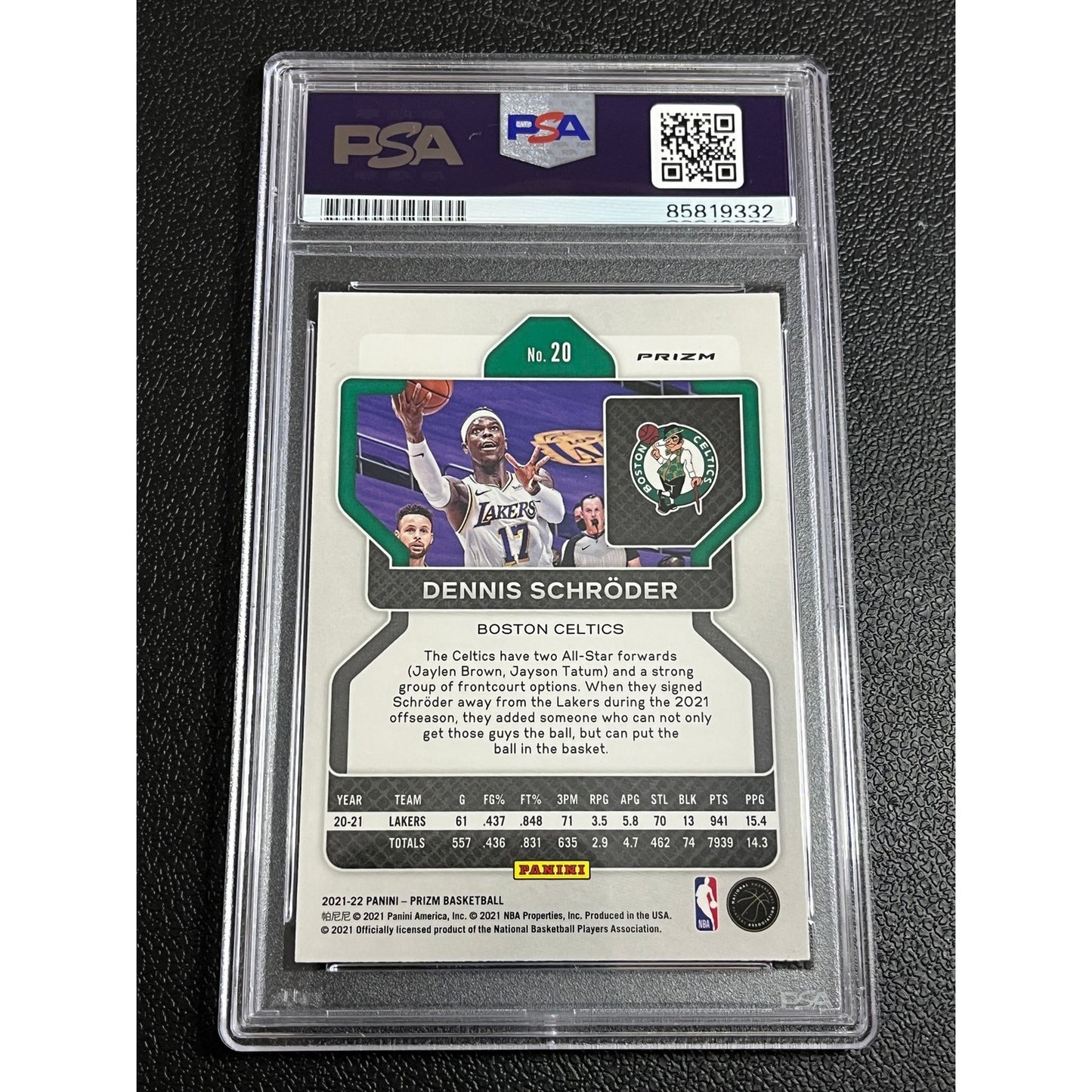 2021-22 Panini Prizm Dennis Schroder #20 Cracked Ice Signed Lakers Card PSA/DNA