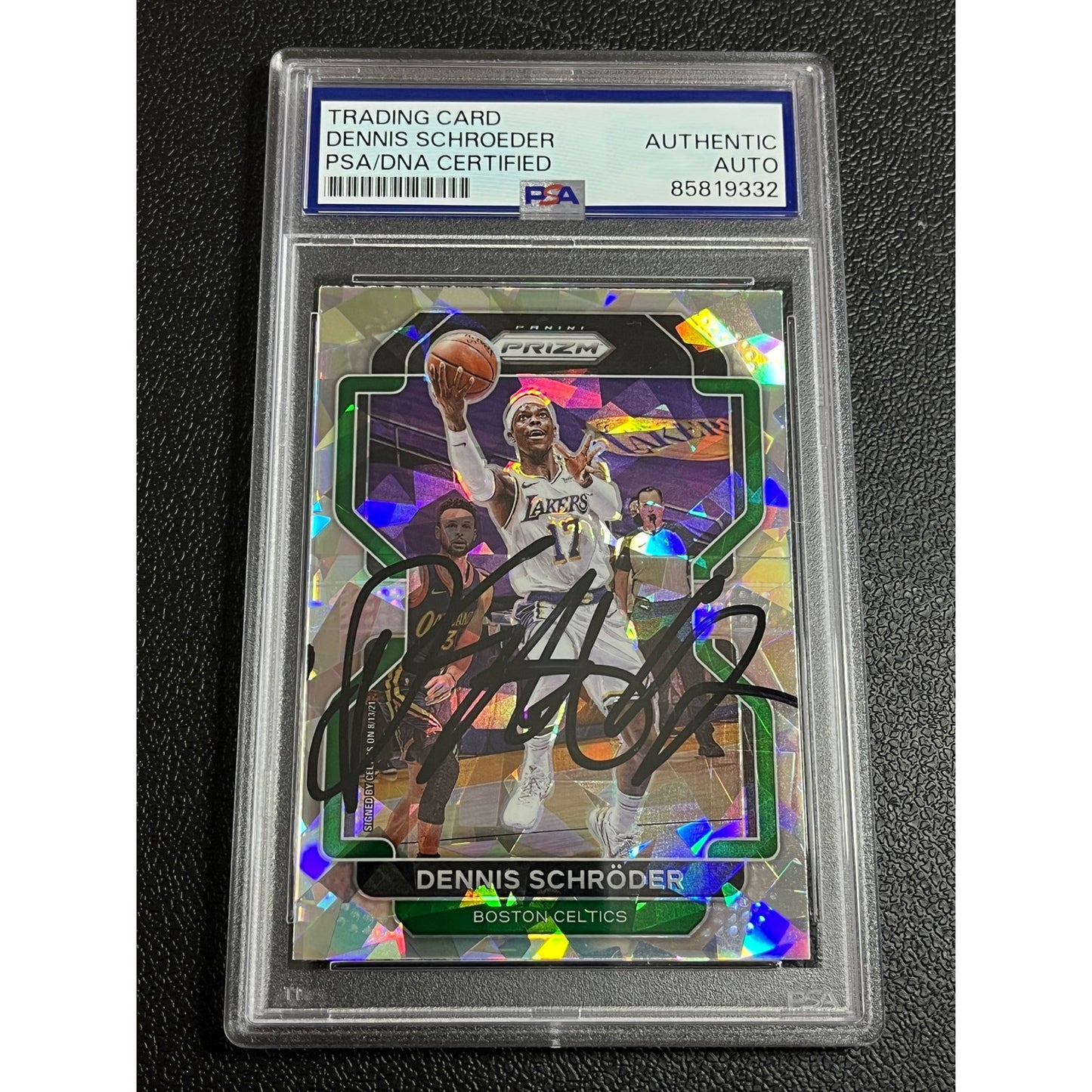 2021-22 Panini Prizm Dennis Schroder #20 Cracked Ice Signed Lakers Card PSA/DNA