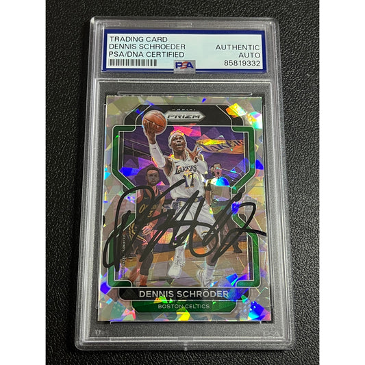 2021-22 Panini Prizm Dennis Schroder #20 Cracked Ice Signed Lakers Card PSA/DNA
