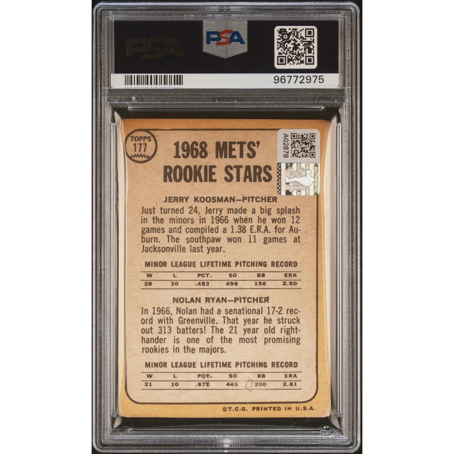 1968 TOPPS NOLAN RYAN SIGNED RC METS ROOKIES PSA 10 AUTO