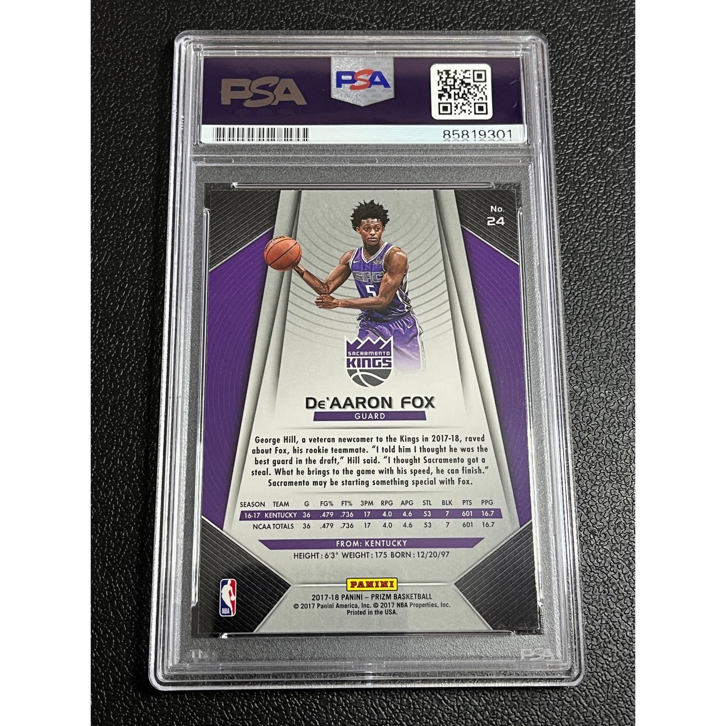 2017-18 Panini Prizm #24 De'Aaron Fox Signed RC Auto Card PSA/DNA
