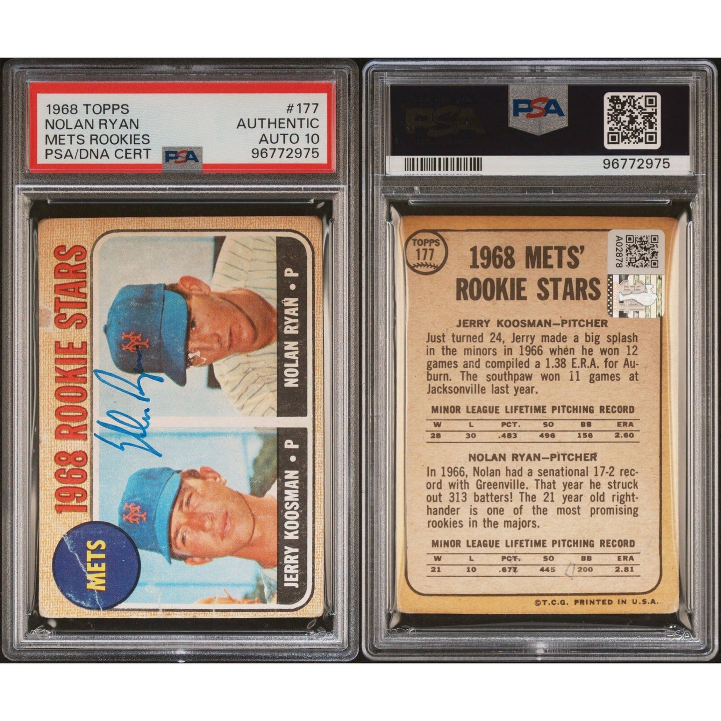 1968 TOPPS NOLAN RYAN SIGNED RC METS ROOKIES PSA 10 AUTO