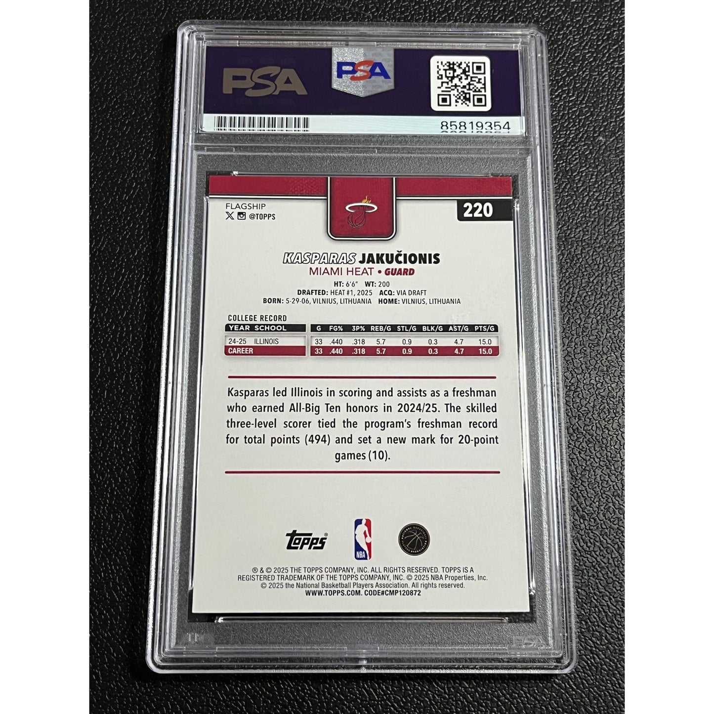 2025-26 Topps Kasparas Jakucionis #220 Signed RC Auto Miami Heat Card PSA/DNA