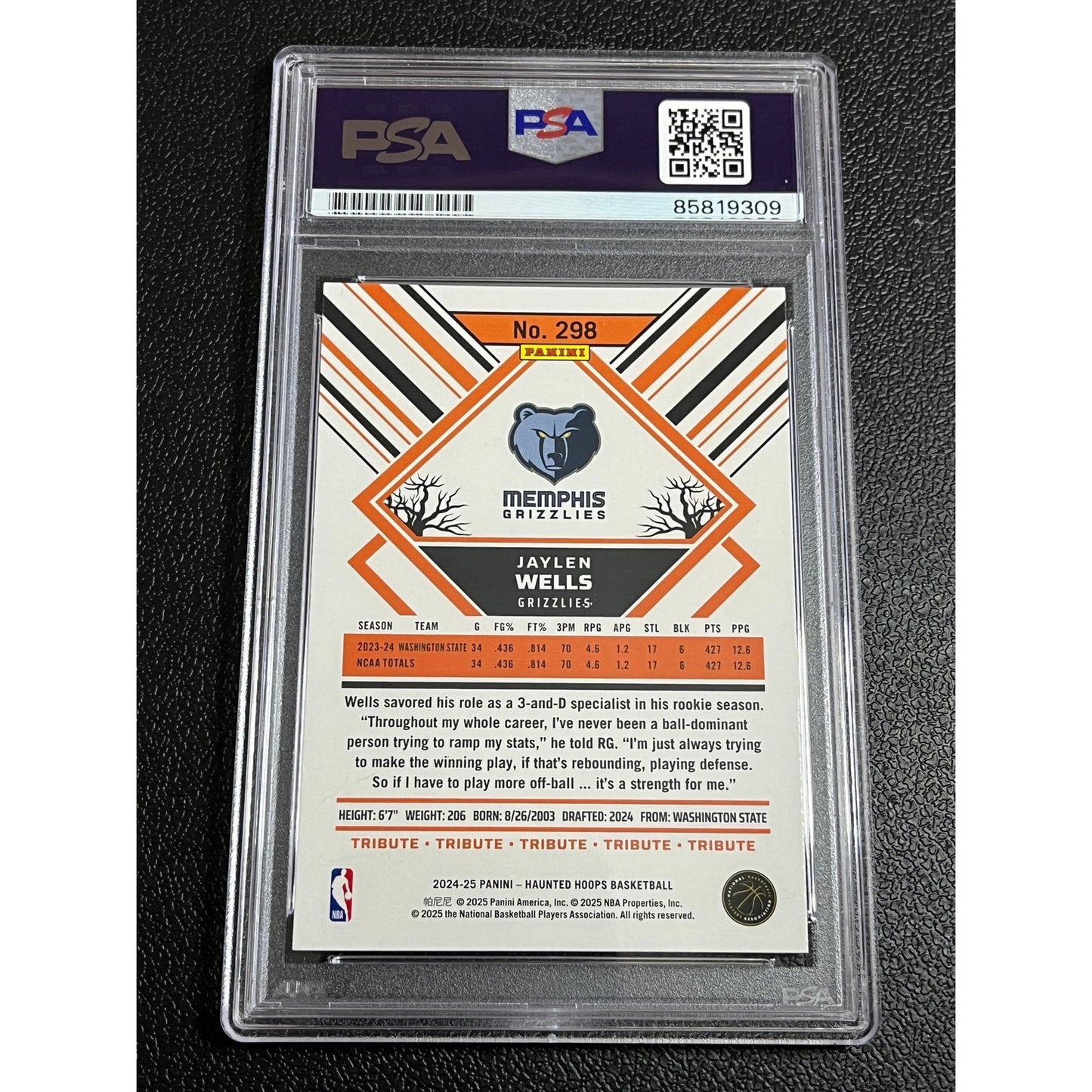 2024-25 Haunted Hoops Jaylen Wells #298 Signed RC Auto Grizzlies Card PSA/DNA