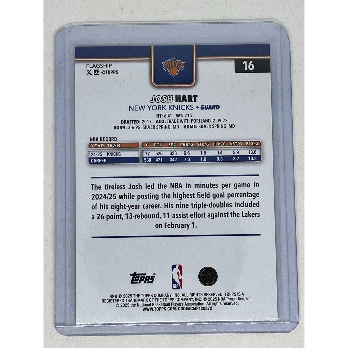 2025-26 Topps Basketball Josh Hart #16 Black Crackleboard SSP Knicks RARE /10