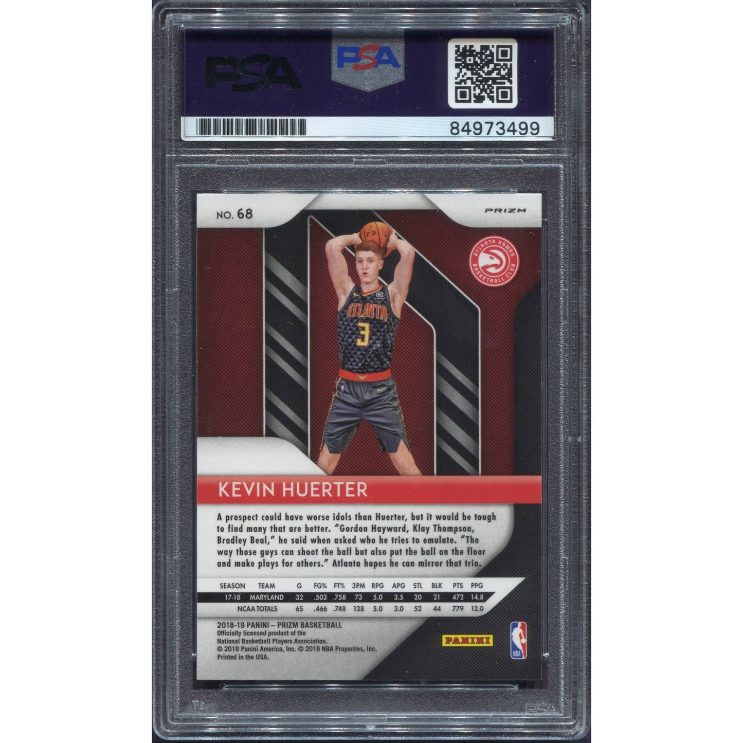 Kevin Huerter Signed 2018 Panini Prizm Silver Rookie Card Hawks RC Auto PSA/DNA