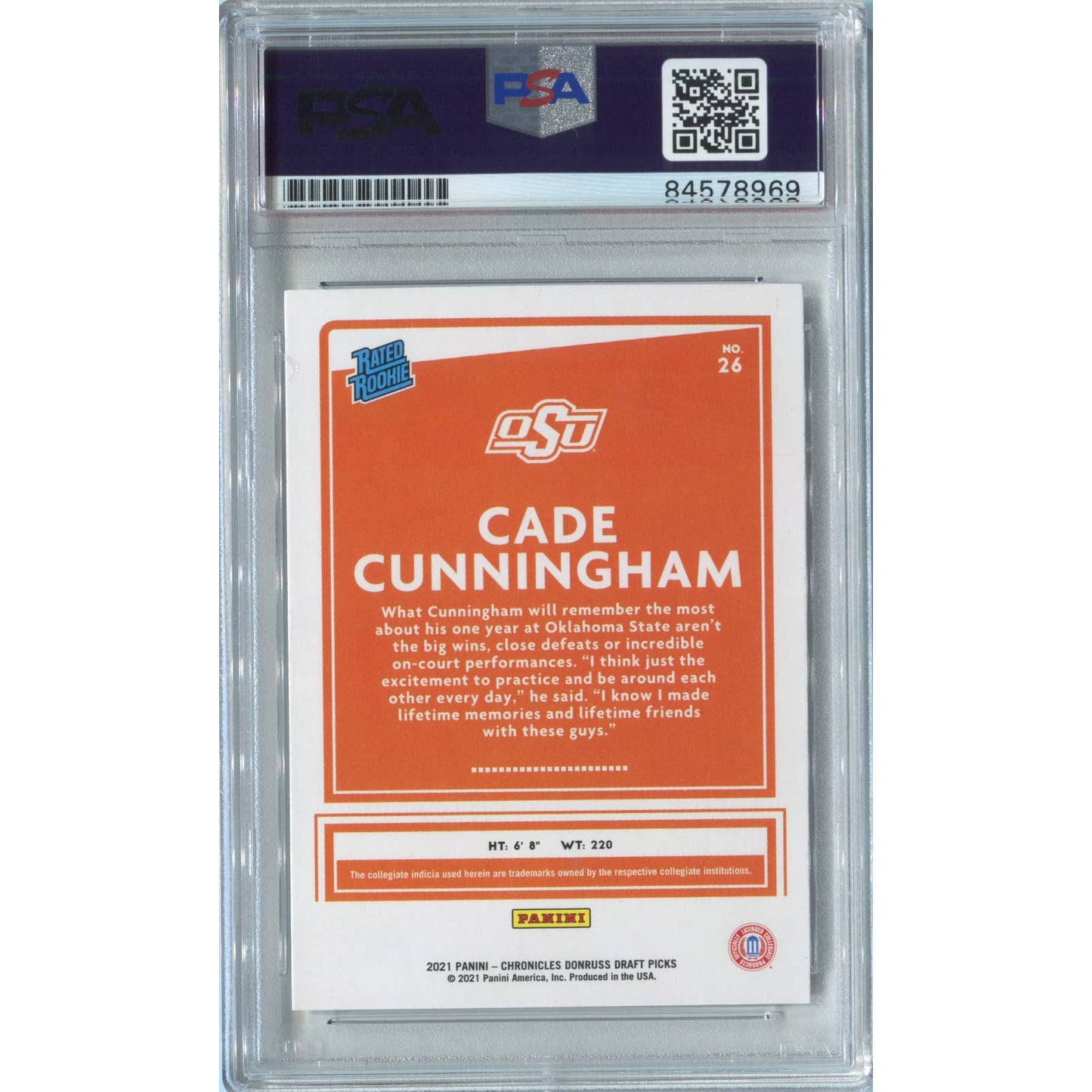 Cade Cunningham Signed 2021 Panini Chronicles Draft Picks #26 RC Auto PSA/DNA