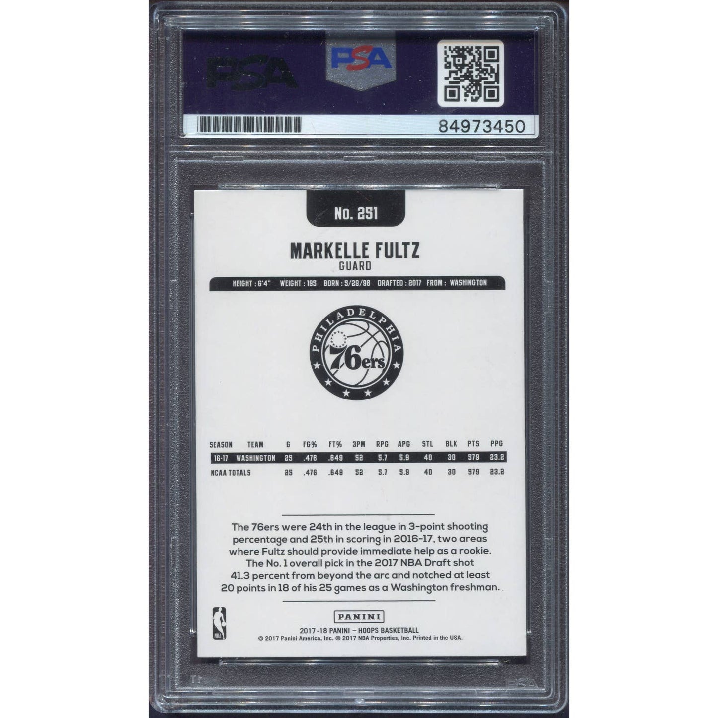 2017-18 Panini NBA Hoops Markelle Fultz Signed Rookie RC Auto PSA/DNA