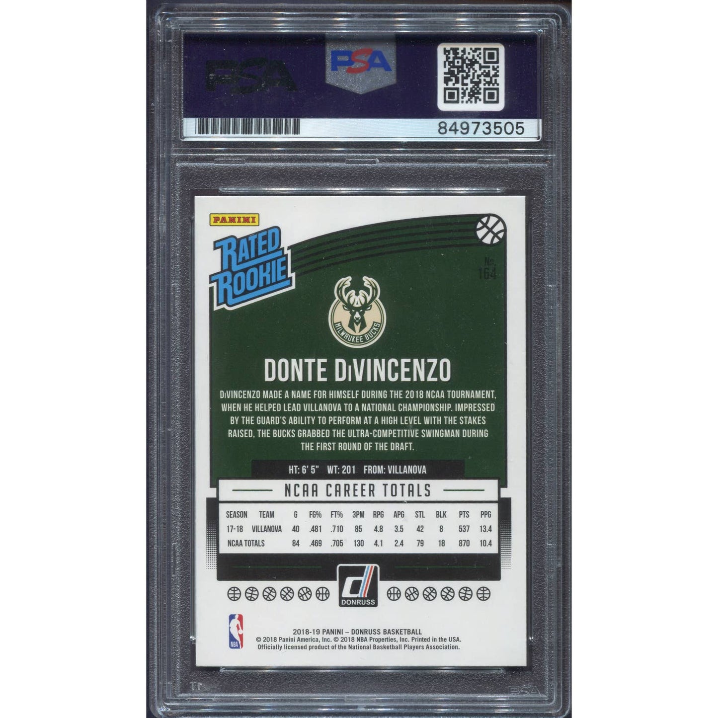 2018-19 Donruss Donte DiVincenzo Signed Yellow Rated Rookie Bucks RC Auto PSA/DNA