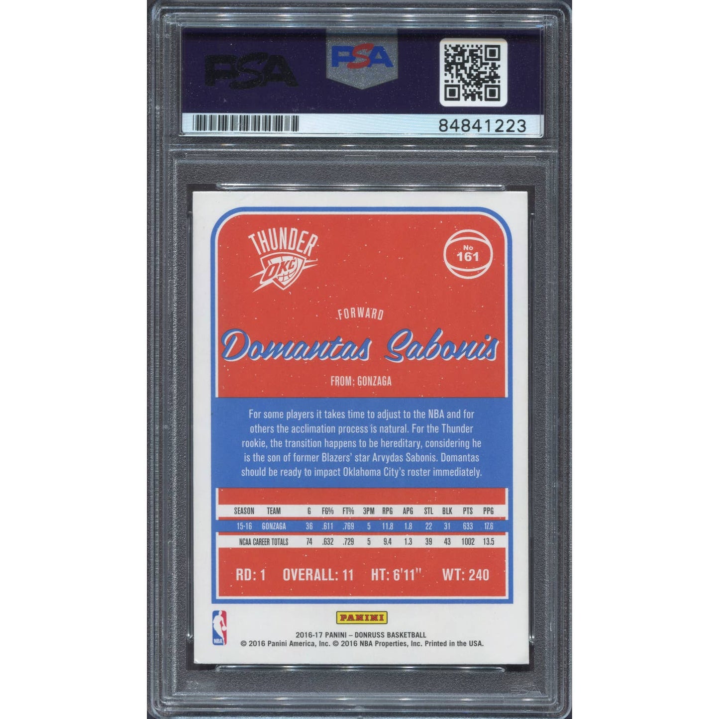 Domantas Sabonis Signed 2016-17 Panini Donruss #161 Rookie RC Auto PSA/DNA