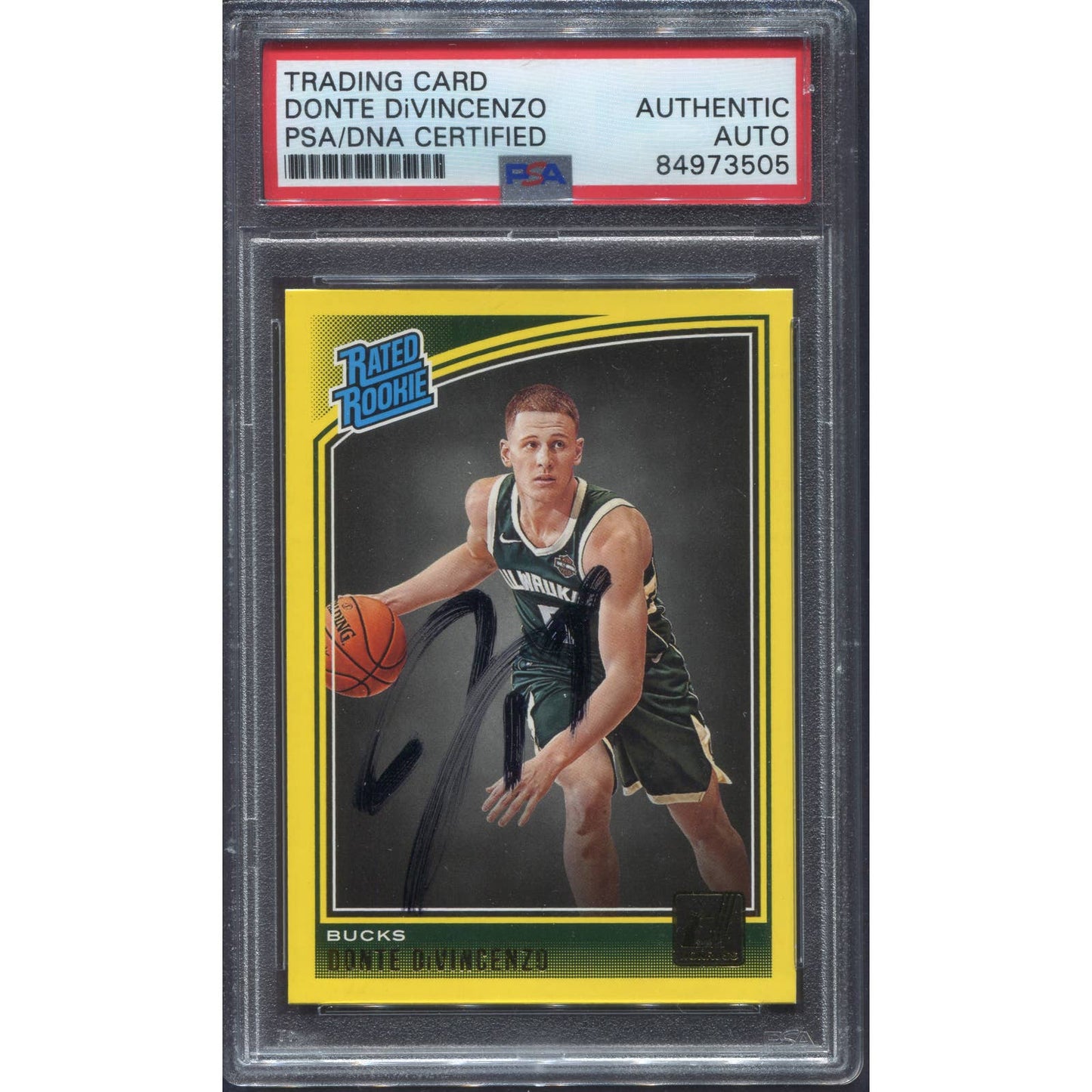 2018-19 Donruss Donte DiVincenzo Signed Yellow Rated Rookie Bucks RC Auto PSA/DNA