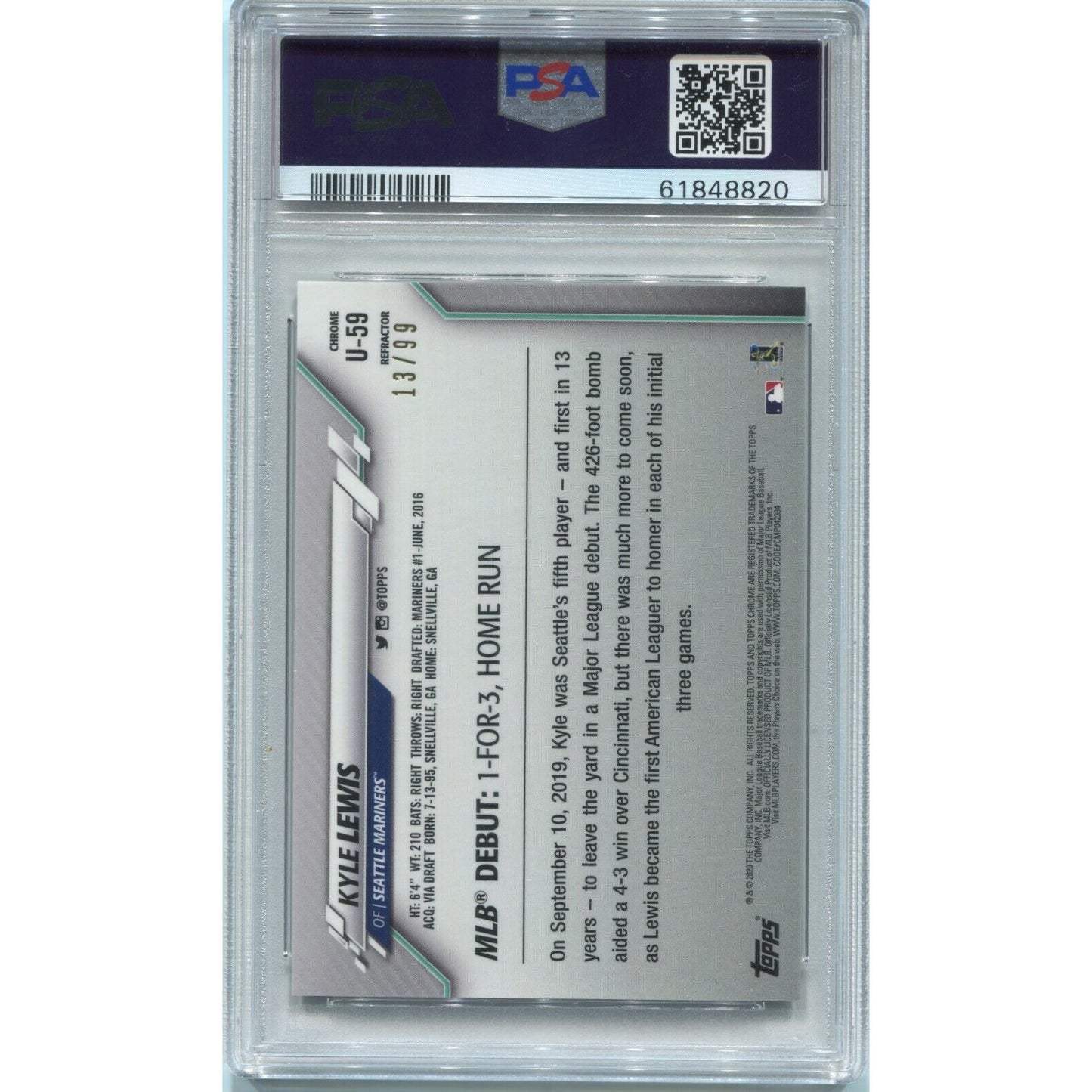 2020 Topps Chrome Update Kyle Lewis #U59 X-Fractor Rookie Debut /99 Pop 1 PSA 10