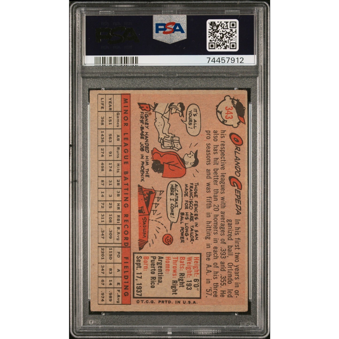 1958 Topps Orlando Cepeda #343 Signed Rookie Card SF Giants RC PSA 10 Auto