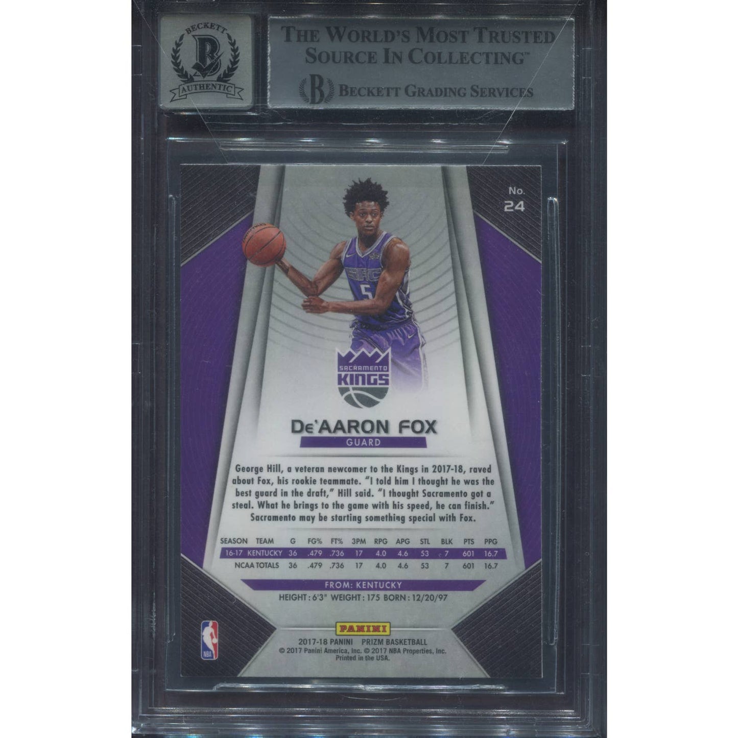 2017-18 Panini Prizm De'Aaron Fox Signed RC Auto BAS