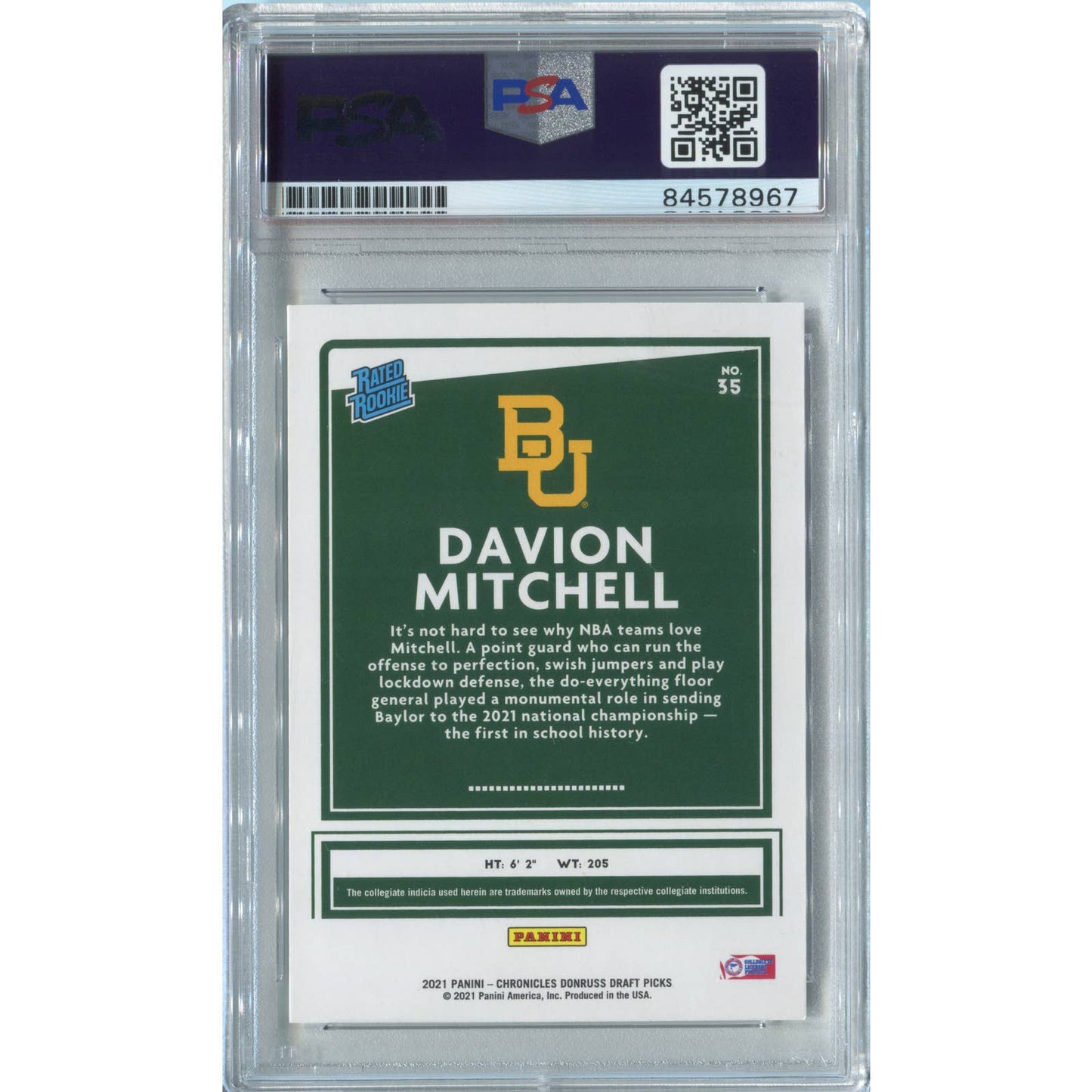 Davion Mitchell Signed 2021 Panini Chronicles Draft Picks #35 RC Auto PSA/DNA