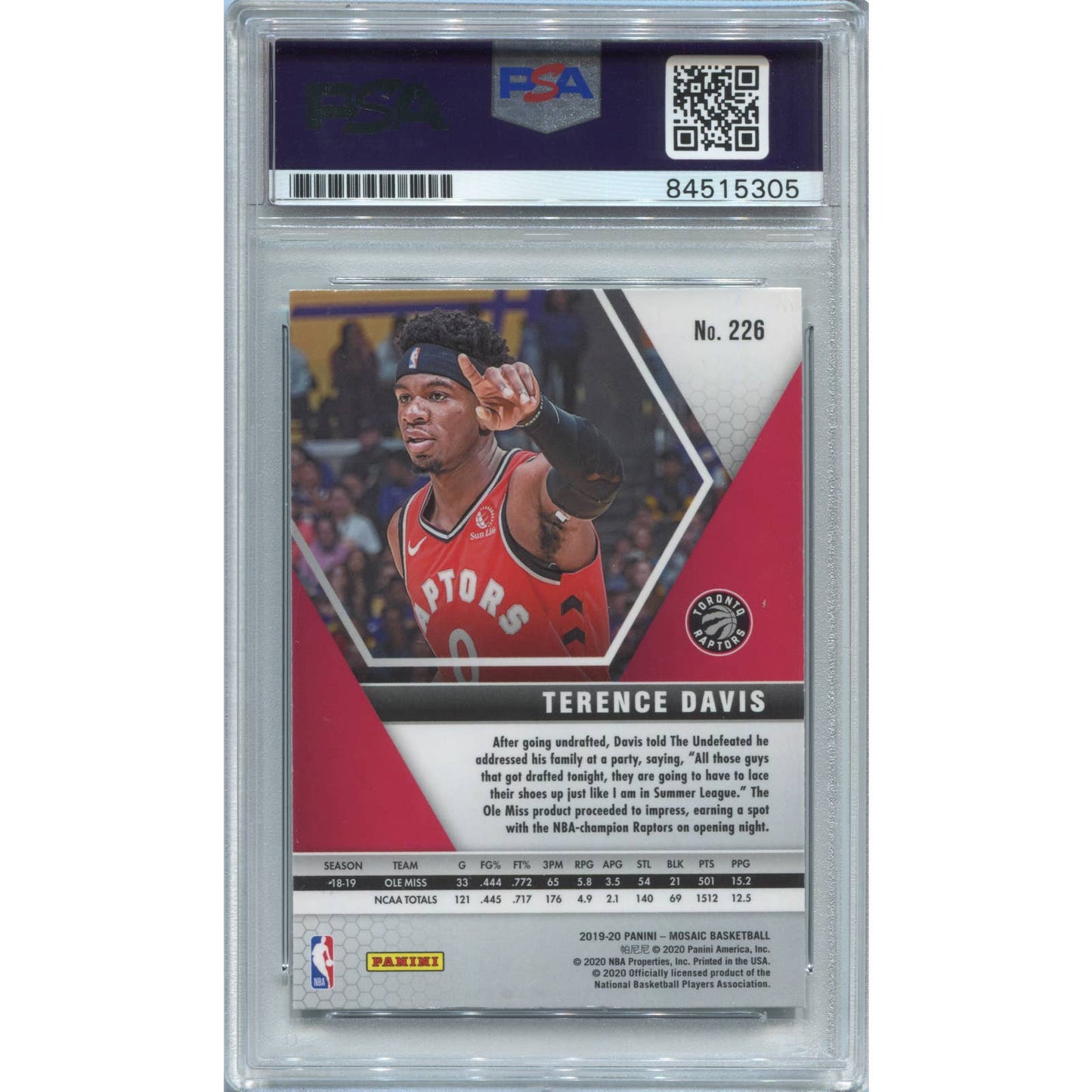 Terence Davis Signed 2019-20 Panini Mosaic Basketball RC Auto PSA/DNA